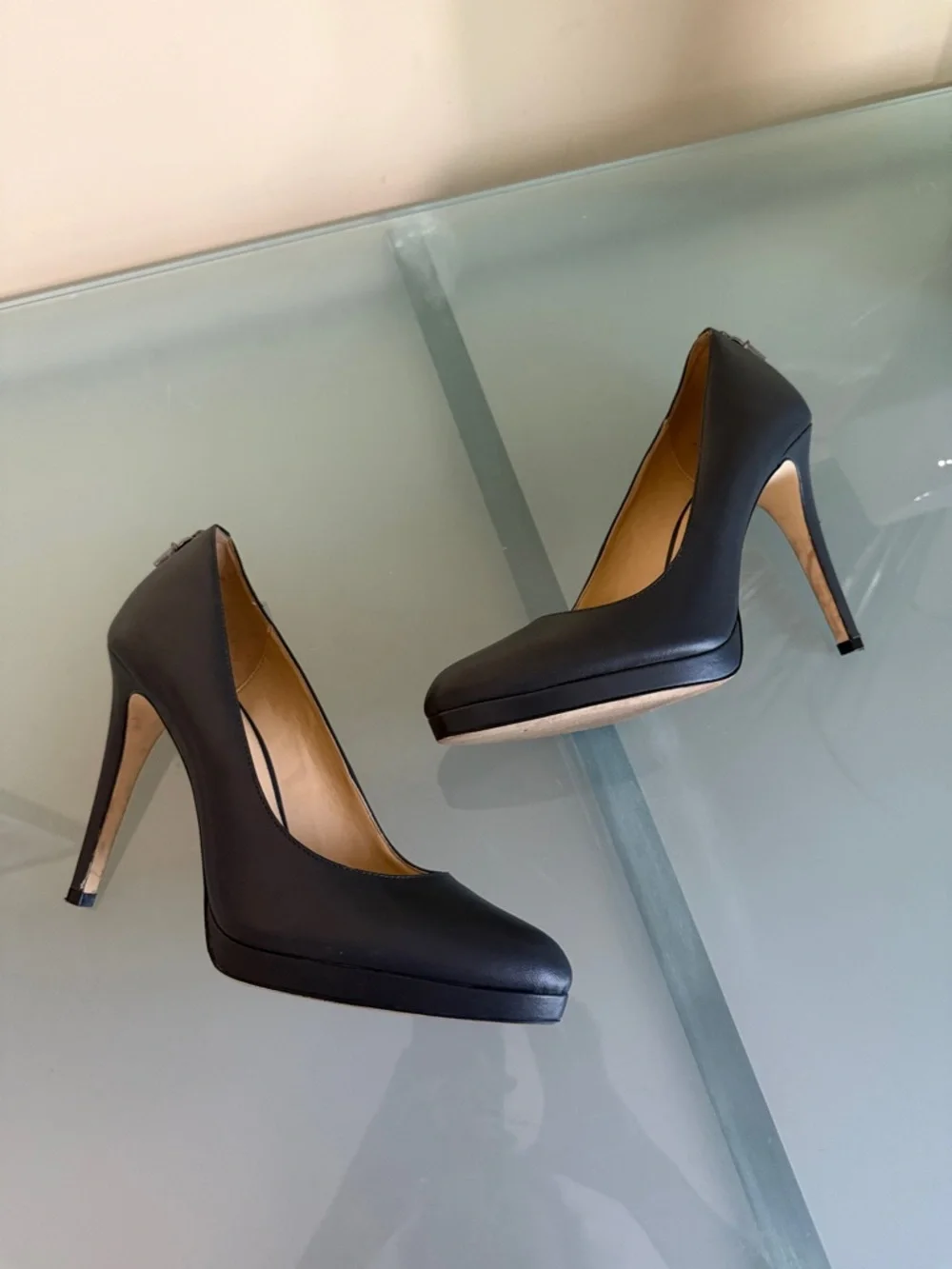 Like NEW MICHAEL Michael Kors Black Leather Stiletto Designer Pumps Size 10